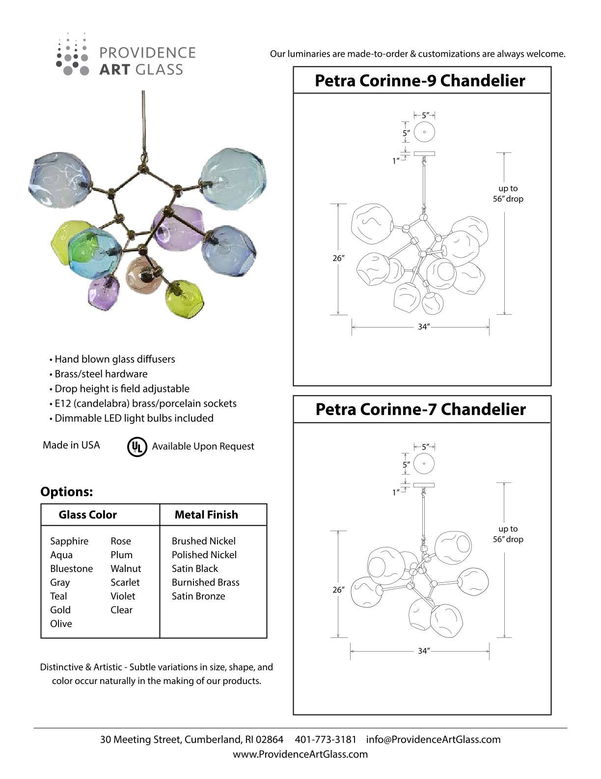 Petra Corinne Chandelier design showcasing handblown glass luminaires and customization options.