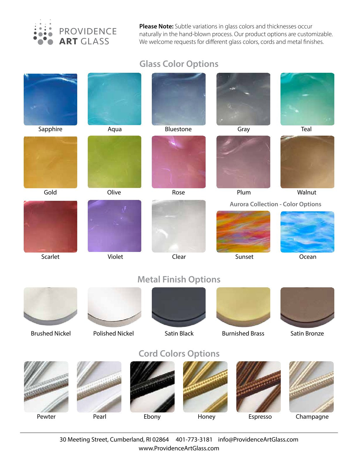 Color options for handblown glass, metal finishes, and cord colors from Providence Art Glass.