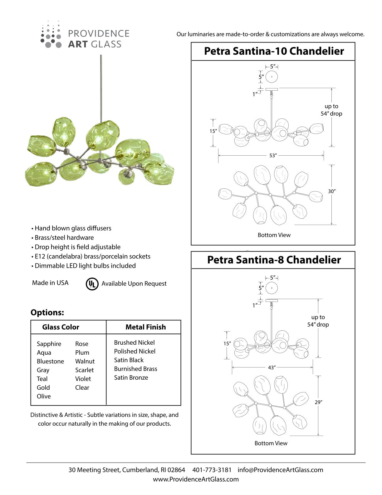 Petra Santina Chandelier-8 design with handblown glass diffusers and customizable hardware finishes.