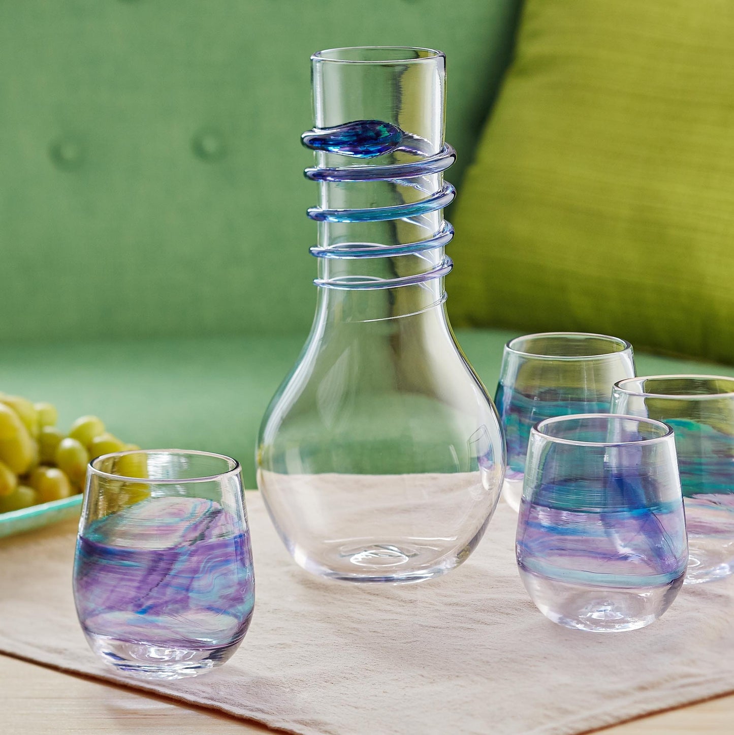 Purple Wine Set - Carafe with 4 Matching Stemless Wine Glasses