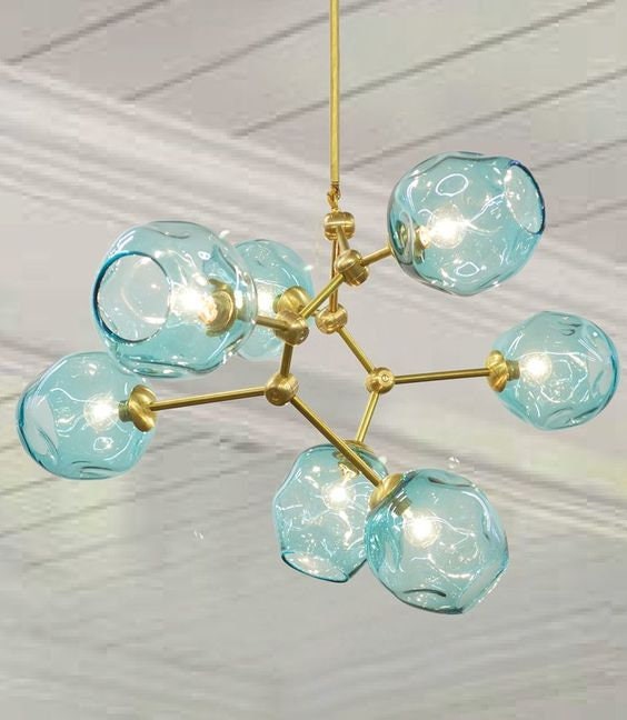 Petra Corinne Chandelier with handblown glass luminaires in teal, featuring dimmable LED bulbs and gold hardware.