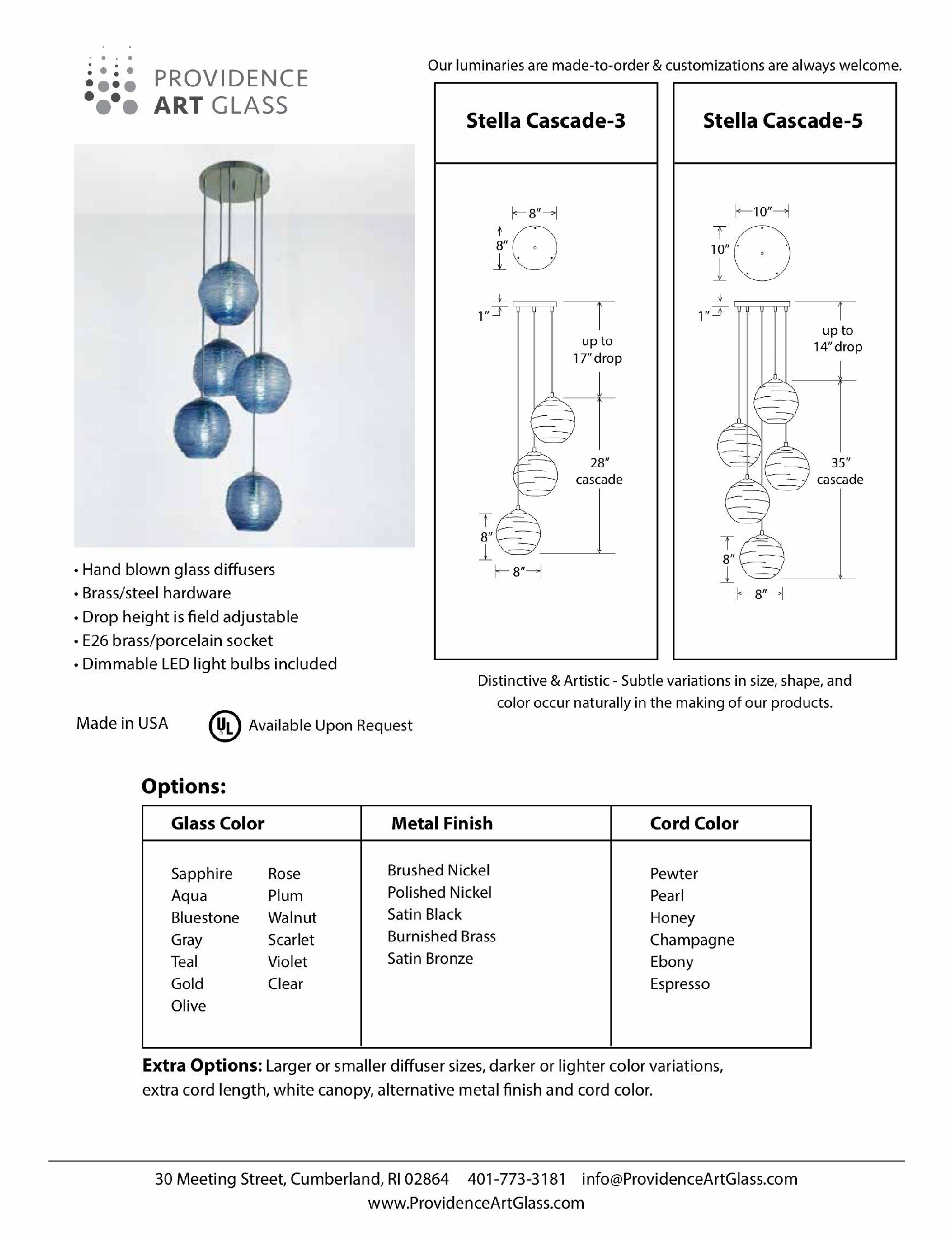 Cascading Stella Chandelier details showcasing handblown glass pendants, custom options, and dimensions.