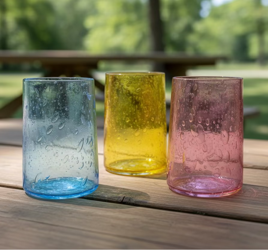 Three colorful glasses on a picnic table