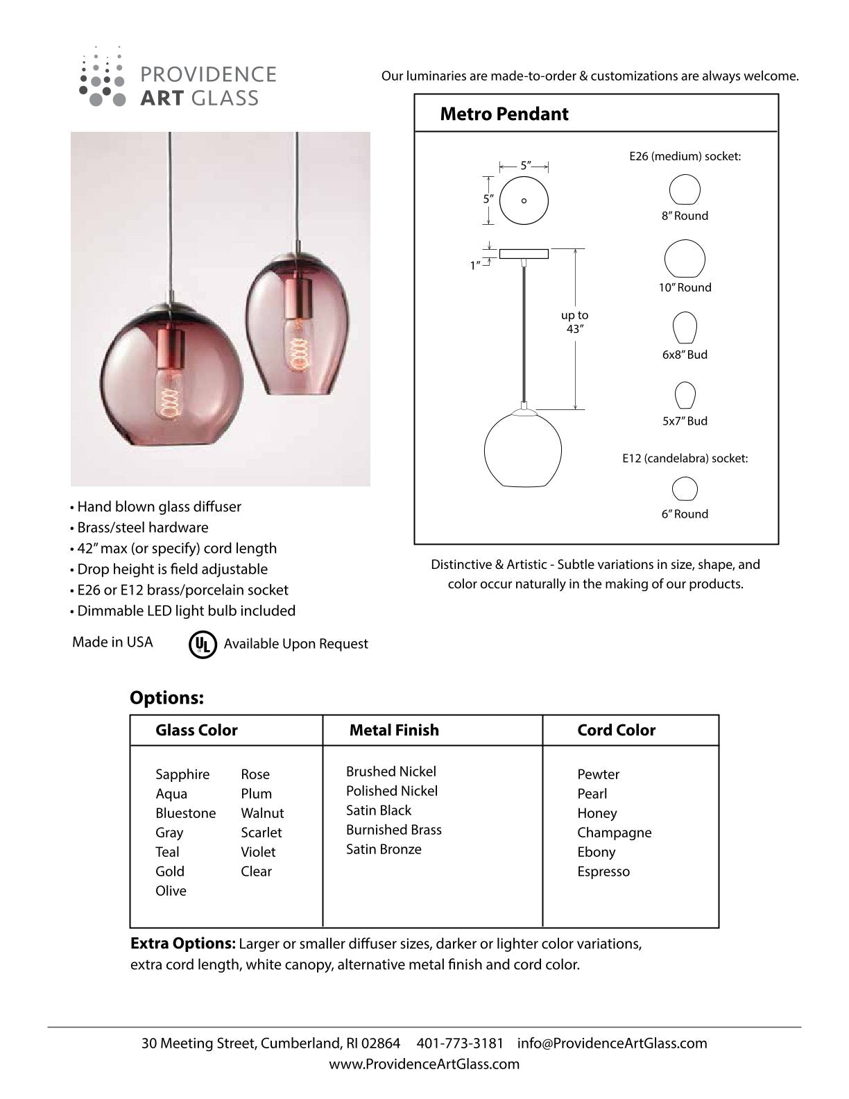 Clear Metro Art Glass Pendant Light. Handmade in USA