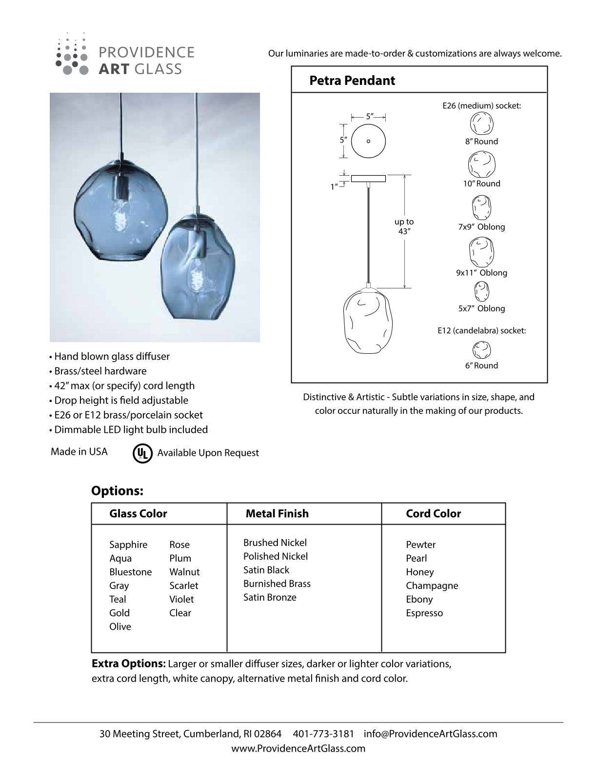 Pendant Light • Hand Blown Glass • Petra Aqua • Made to Order