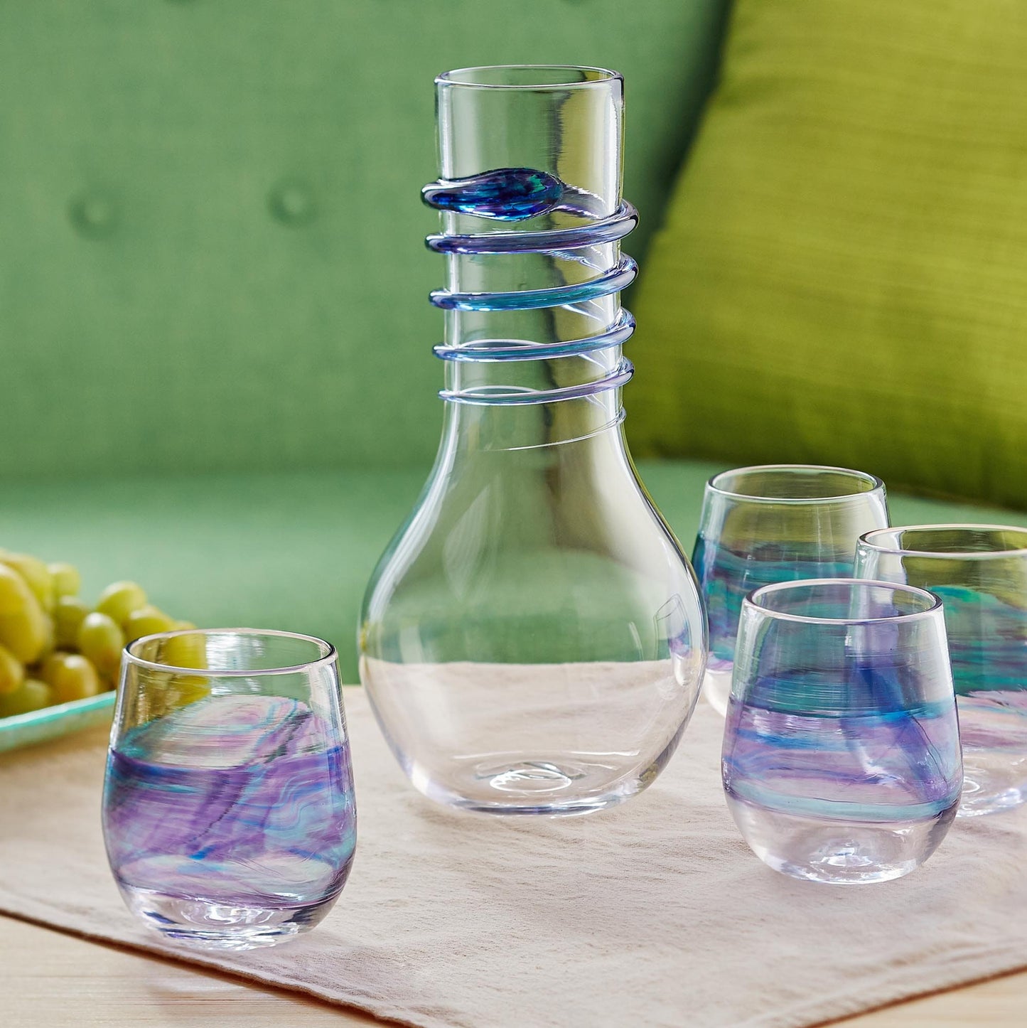 Wine Glass Set of Hand Blown Stemless Wine Glasses and Decanter. Made In USA.