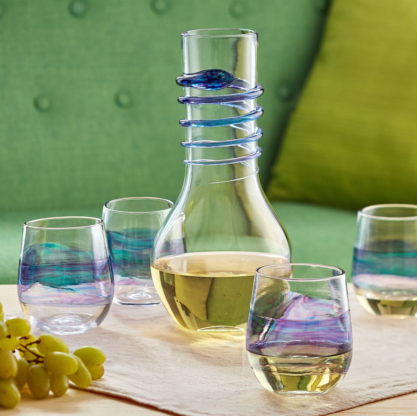 Wine Glass Set of Hand Blown Stemless Wine Glasses and Decanter. Made In USA.