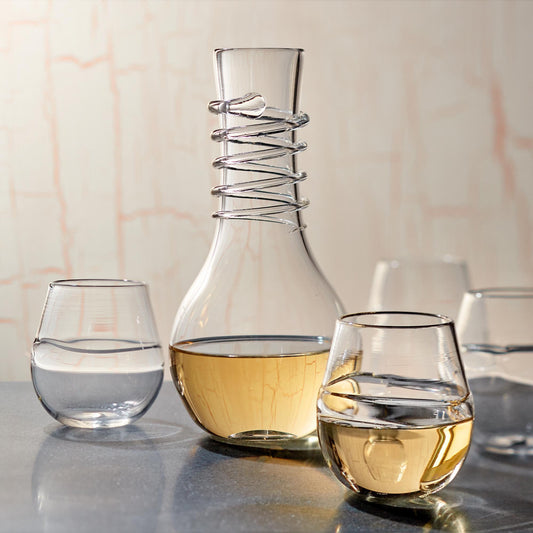 Wine Carafe and Set of 4 Clear Stemless Wine Glasses. Hand Blown Drinking Glass Barware Made in USA