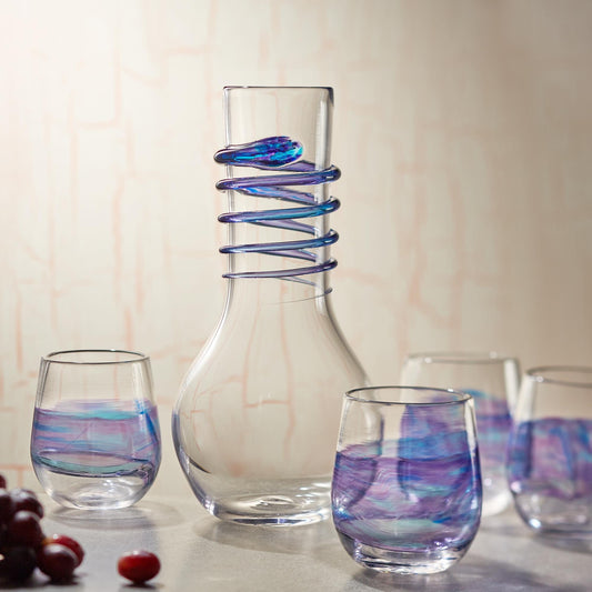 Wine Glass Set of Hand Blown Stemless Wine Glasses and Decanter. Made In USA.