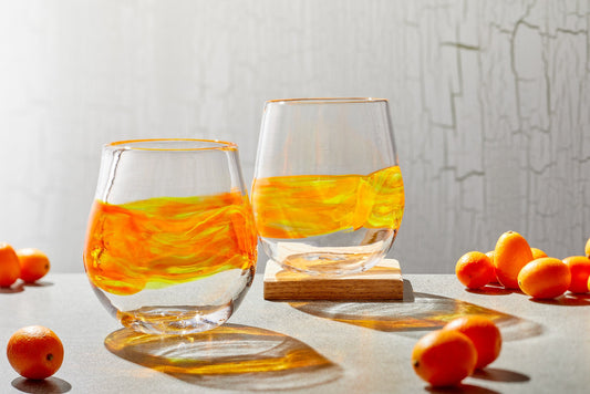 Stemless Wine Glasses with Orange/Yellow band | Hand blown barware, cocktail glassware | Handmade drinking glasses made in USA