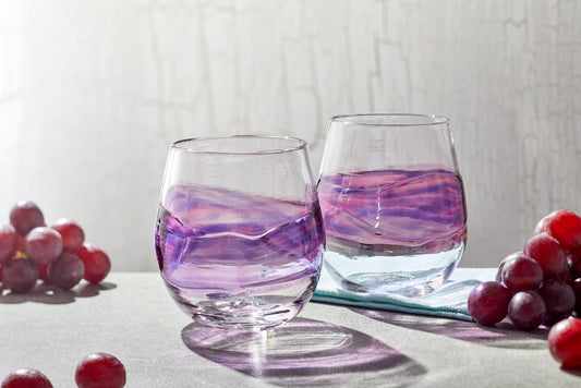 Stemless Wine Glasses |Purple and Fushcia Band | Hand Blown Glass. Handmade Drinking Sangria Cocktail Glass.