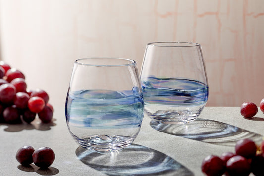 Blue Stemless Wine Glasses. Hand Blown Cocktail Drinking Glass Made in USA