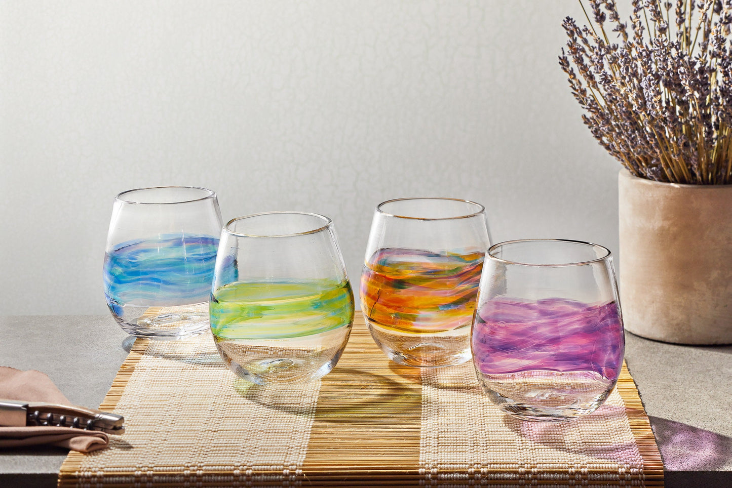 Stemless Wine Glasses in Rainbow Colors. Hand Blown Glass Cocktail , Sangria Glasses. Handmade Drinking Glasses. Wedding Registry Gifts